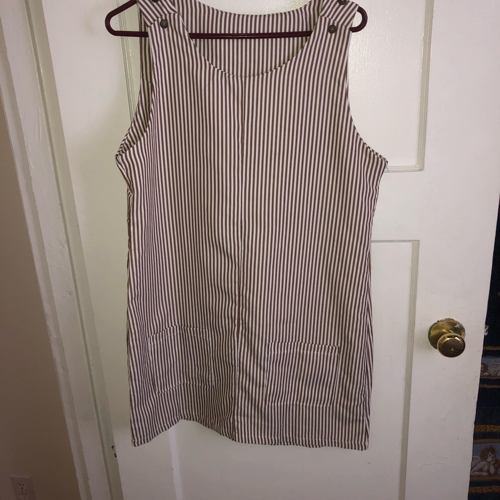 Striped brown and white Sleeveless dress- big pockets- buttons to make bigger